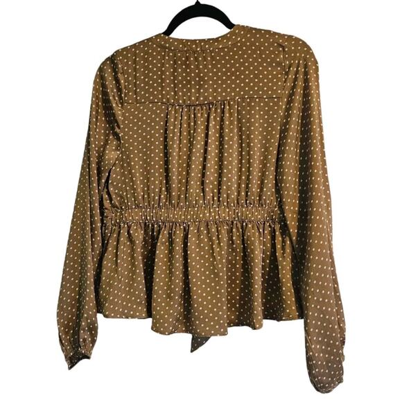 American Eagle Womans Size M Blouse Brown White Polka Dot Peplum Hem Front Tie - Picture 2 of 7